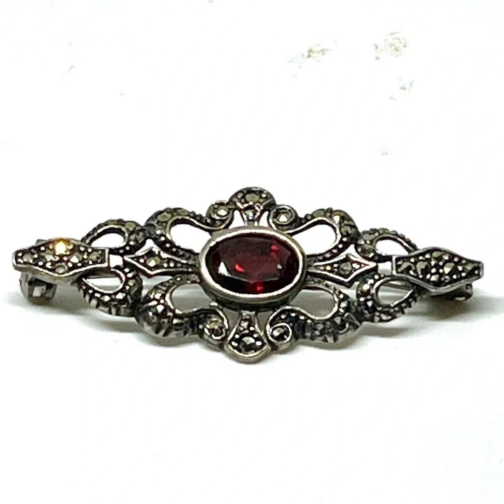 Vintage 925 Silver Garnet Marcasite Brooch